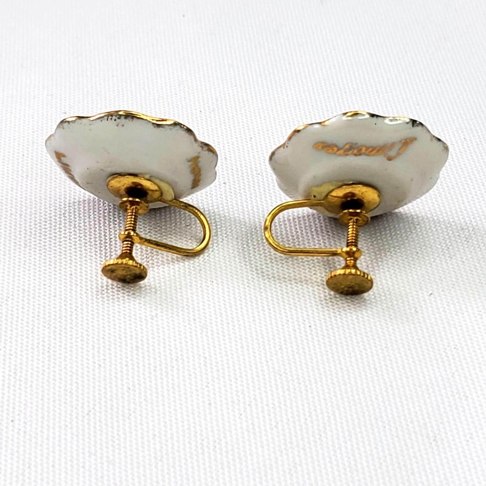 VTG Limoges France Porcelain Screw-Back Earrings Hand Painted Gilt Floral Design - Picture 4 of 7